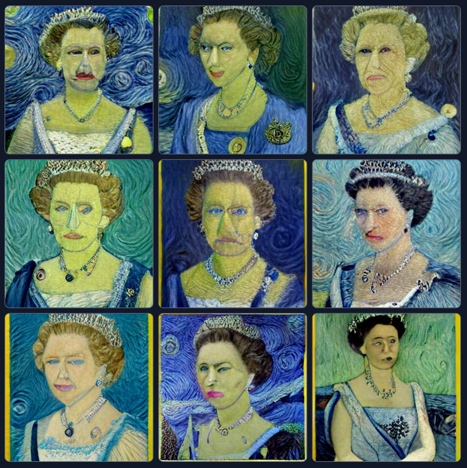 Craiyon The queen Elisabeth II in the style of Vincent Van Gogh.png