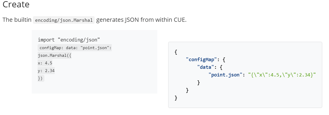 Génération d'un fichier JSON avec CUE, origine:site CUE