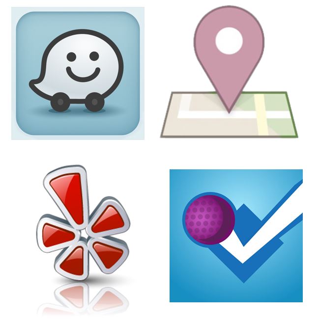 Quelques logos d'applications SoLoMo connues : Waze, Facebook Places, Yield, Foursquare