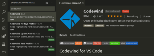 Marketplace de VSCode: extension Codewind
