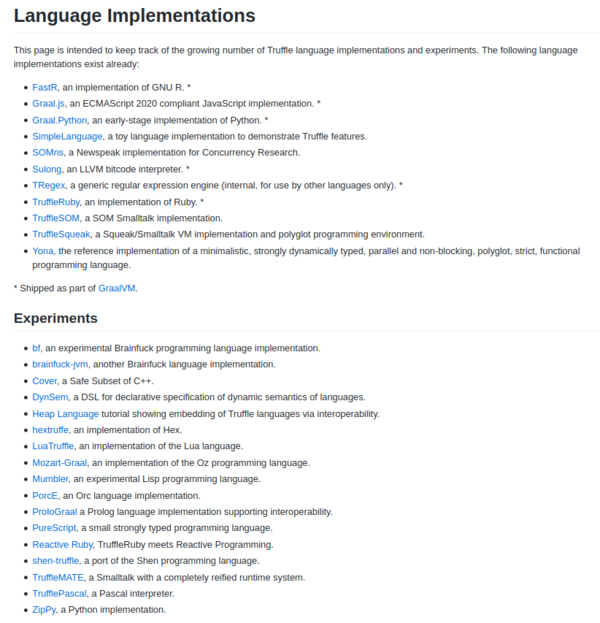 Listes des langages compatibles avec GraalVM