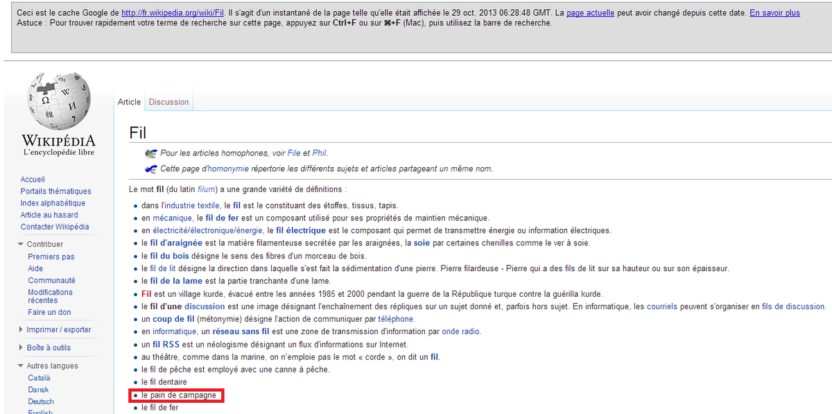 Article "Fil" sur Wikipédia avec contenu erroné mis en cache par un moteur de recherche